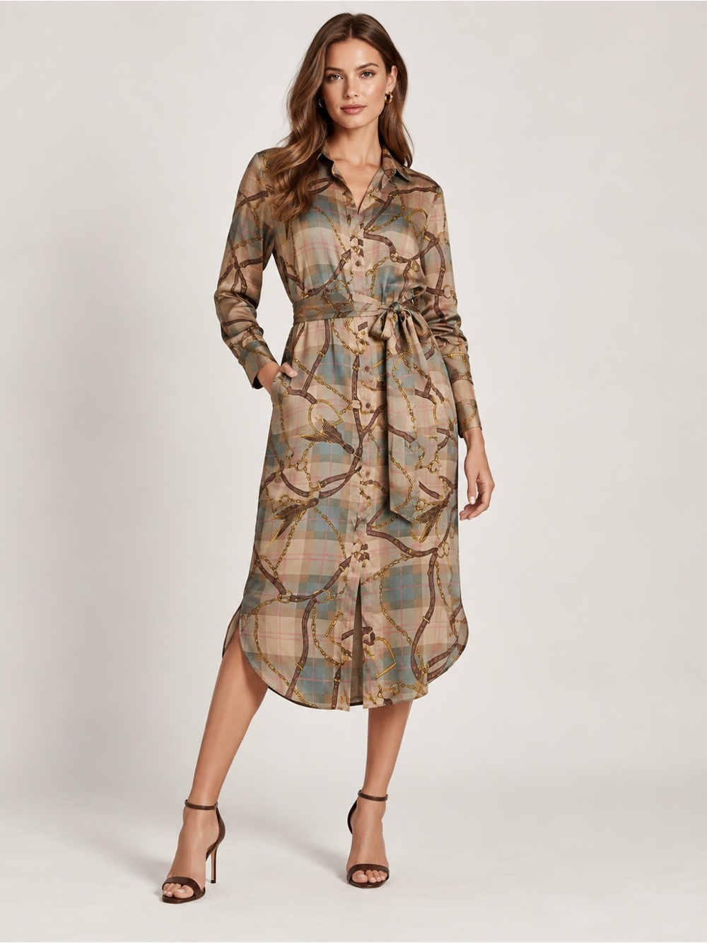 Lauren Ralph Lauren Plaid Twill Shirt Dress Equestrian Print Belted Midi